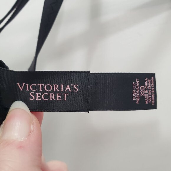 Victoria's Secret Black Lace Panel Double Slide Hook Back Push Up Bra Size 32D - Picture 3 of 5